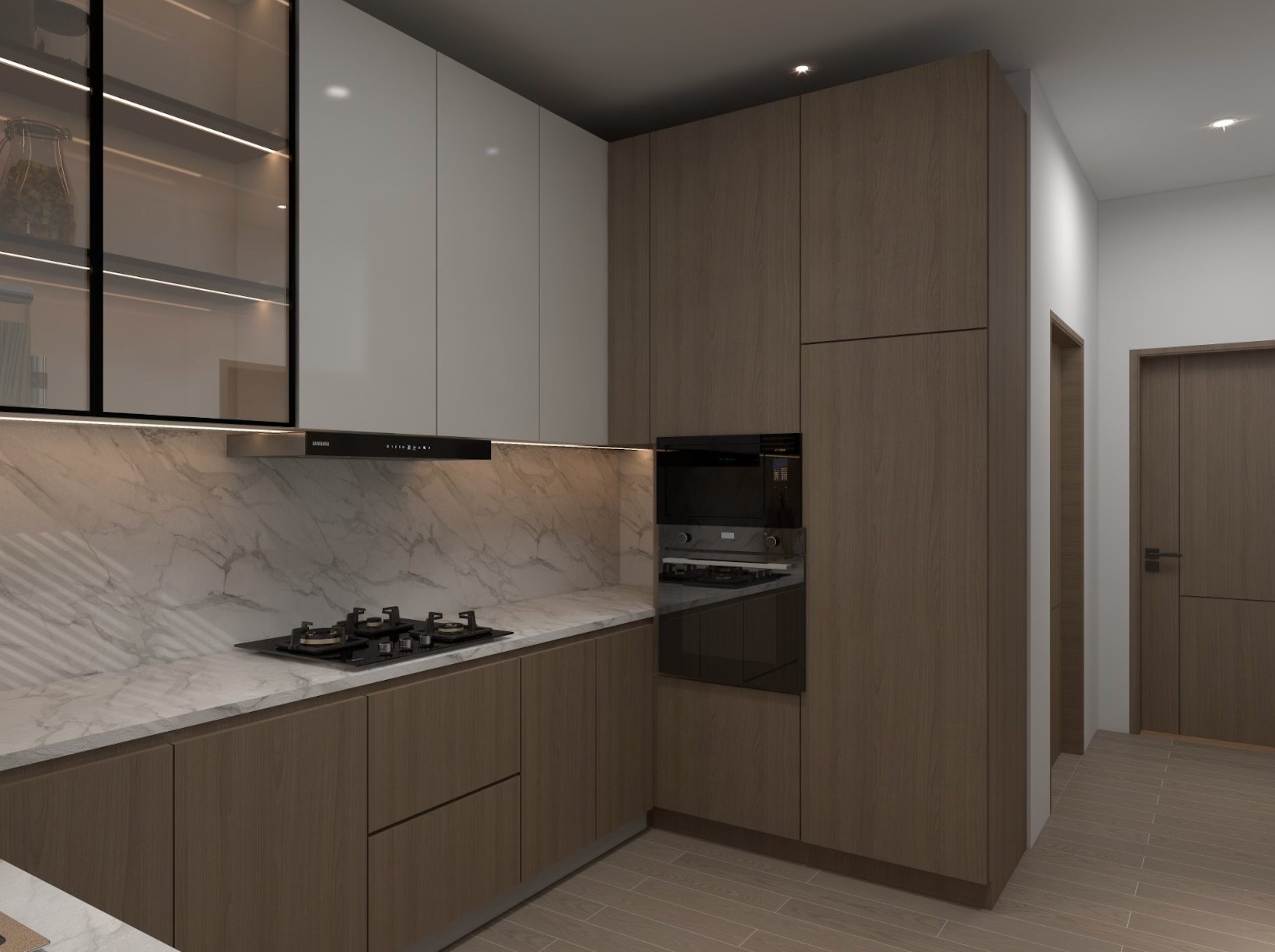 Sophisticated kitchen with warm wood cabinets, marble backsplash and built-in appliances at CYNTHIAS COURT