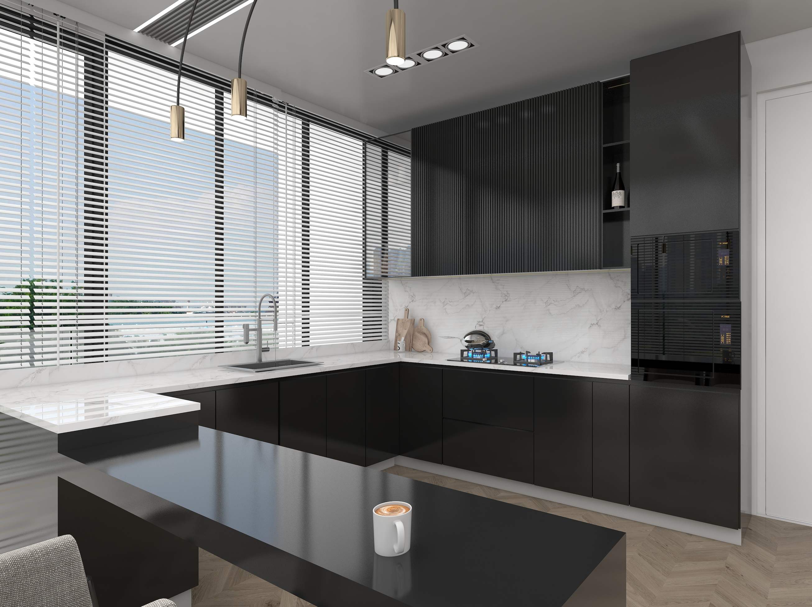 Modern kitchen with sleek design, marble countertops and premium appliances at CYNTHIAS COURT